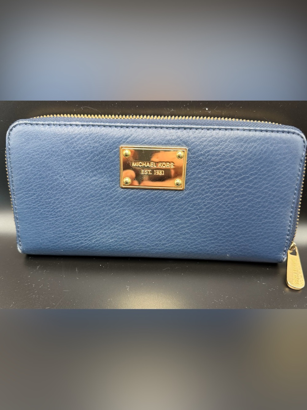 Michael Kors Navy Blue Leather Zip Wallet with Gold Plaque